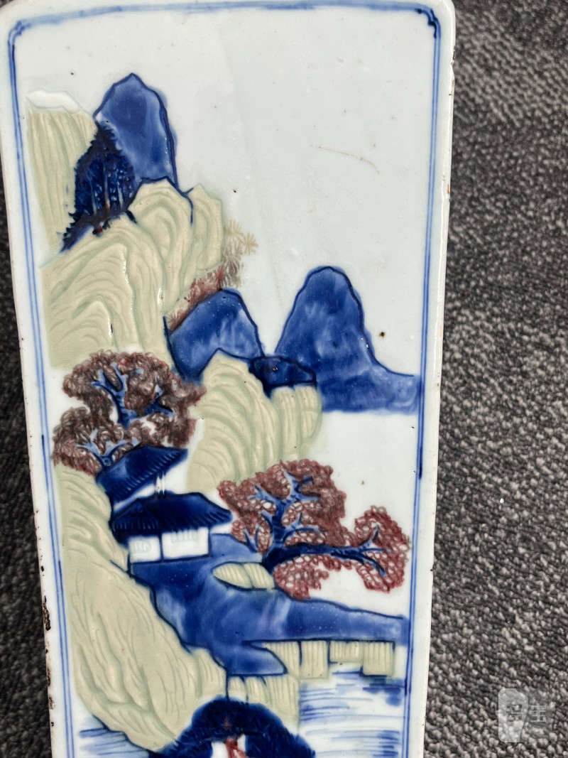 清康熙  釉下三彩山水人物亭台楼阁图四方瓶（税） - 图15